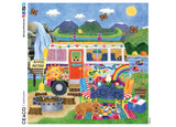 This 300 oversized piece Happy Camper puzzle features a fun and whimsical illustration of an elaborately-painted camper in front of a river, with people tubing behind it. There is a canoe strapped to the camper, and a cat poking just the top of its head through the window.