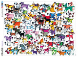 Back by popular demand, Kevin Whitlark's "One Hundred and One" puzzles are colorful collages of hilarious animals, each with a hidden object to find. This image features a hundred lovable pups and one crafty kitty hiding somewhere in the pack.