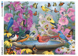 This 300 oversized piece puzzle by artist Russ Duerksen features an assortment of colorful birds bathing in a fountain - a cardinal takes center stage. The birds are framed by pink and purple flowers and a flock of monarch butterflies. A bonus poster is included.