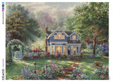 Thomas Kinkade's Inspirations is a series of 300 piece oversized puzzles. This one, entitled Springtime Memories, features a charming blue house with a luscious garden around it, including a white fence, a cobblestone path, a pair of bicycles leaning against a tree and a little grey cat napping on a bench. 