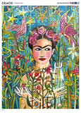 These 300 piece oversized puzzles feature the imaginative paintings of Este Macleod. This one features the artist Frida Kahlo, posing amidst Macleod's signature birds and flowers.