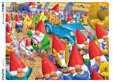 This 300 oversized piece Gnome Sweet Gnome puzzle features a fun and whimsical illustration of a whole host of gnomes parading down main street. There is a gnome marching band, a gnome color guard, a giant gnome balloon and a gnome waving from a classic car. On the side of the street more gnomes cheer them on. 