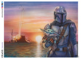 This Thomas Kinkade Star Wars 550 piece puzzle, A New Direction, features a scene from The Mandalorian™. On the oceanic moon of Trask at sunset, Mando carries Grogu™ away from an exploding Imperial base as the two contemplate where their journey will take them next.