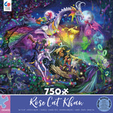 This fanciful 1000 PC puzzle by artist Rosie Khan imagines an enchanted circus full of glimmering iridescent dragons and other colorful magical beings.  A unicorn, a griffin, fairies and more cavort under the light of a full moon. 