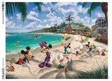 This 750 piece puzzle features Mickey, Minnie and their friends heading down to the sunshine state for a relaxing day on the beach. While Mickey carves Minnie a heart in the sand, Huey, Dewey and Louis build sand sculptures and Pluto, Goofy, and Donald play in the water, where Goofy is feeding a manatee.