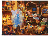This busy 750 piece puzzle depicts Geppetto's workshop from the beginning of the movie Pinocchio. The titular puppet has still got his strings to hold him up, as the old toymaker deftly demonstrates, but the blue fairy has arrived to grant him his wish of becoming a real boy. The fruits of Geppetto's labors - colorful trains, puppets, and cuckoo clocks- adorn the walls and floor of the studio.