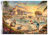  This 750 piece puzzle depicts Ariel and Prince Eric's worlds coming together at their beachside wedding. Ariel wears an elegant blue-trimmed wedding gown and dances with her prince (in a white coat and gold pauldrons). Human guests look on from the shore while Ariel's family observes from the ocean. In the background the sun rises over Eric's castle.