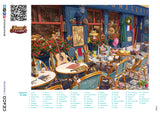 This 1000 piece puzzle depicts an outdoor seating area in front of a French wine and cheese shop, packed with details and including a little dog. The poster includes a list of 70 hidden objects to find when you have finished the puzzle.
