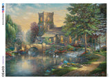 This 1000 piece Thomas Kinkade puzzle, Willow Wood chapel, features a distinguished-looking stone church with a distinctive turret, next to a river. A cobblestone bridge runs over the river and a pair of swans swim in front of it. The church and bridge are framed by trees, a weeping willow on the right and an elm on the left.