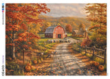 This 1000 piece puzzle features a winding road leading up to red barn and a cozy little farm house. Three turkeys are crossing the road, and a pickup truck is parked in front of the barn. In the distance trees are displaying lovely fall colors.