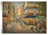 This 1000 piece Thomas Kinkade puzzle, Paris Café, shows a quiet morning just after a rainstorm on a street corner in the city of love. As the Eiffel tower looms in the distance, a man sits in a café painting it, while a mother and her child look at fruit from a street vendor. The wet cobblestones reflect the tower and the morning sky.