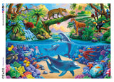 1000 piece Wild World of Nature puzzle is a photo-realistic image that includes a jungle scene above and an ocean scene below.