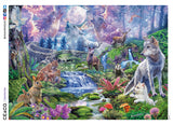 This 1000 piece puzzle features a dramatic forest scene. In the foreground, a wolf watches over her cub while other animals including stags, bobcats, owls, rabbits and badgers look on. In the sky, the spirits of three other wolves howl at a mystical full moon. A bonus poster is included with the puzzle.
