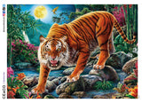 This 1000 piece puzzle features a striking image of a tiger bearing its fangs and prowling a jungle riverbed in the early evening. We can see a big yellow moon rising behind him. A bonus poster is included with the puzzle.