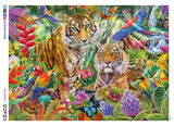 This 1000 piece puzzle features a family of tigers in a bright and majestic rainforest scene. They are surrounded by a vivid kaleidoscope of birds, flowers and butterflies, with a sunlit crystal stream behind them. A bonus poster is included.