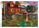 This 1000 piece puzzle features a David Maclean painting of a spacious waterfront cabin with an idyllic garden in front full of flowers, adirodack chairs, a roaring fire pit and, of course, a dog. In the distance the sun is just beginning to set over a majestic mountain range.