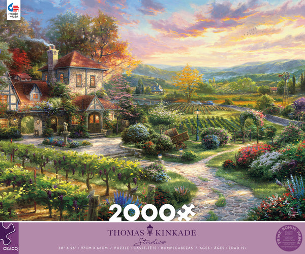  2000 piece Thomas Kinkade puzzle, titled "Wine Country Living", features a beautiful villa in the middle of a vineyard. 