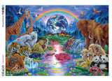 This 2000 piece puzzle features pairs of animals, including elephants, lions, pandas, polar bears, orangutans and more all standing on either side of the Earth, with a rainbow above them. A bonus poster is included. The puzzle’s dimensions are 26.6 x 19.