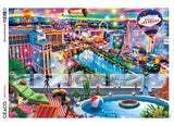 This 2000 piece puzzle features Las Vegas. The scene is painted from the perspective of a rooftop deck with a swimming pool, and we see the strip lit up up under a colorful sky filled with hot air balloons. A bonus poster is included. The puzzle’s dimensions are 26.6 x 19.