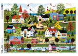 This 2000 piece Jane Wooster Scott puzzle features a sleepy town on a warm autumn day, with horse-drawn carriages in the foreground and kites flying in the sky overhead. A bonus poster is included with the puzzle.