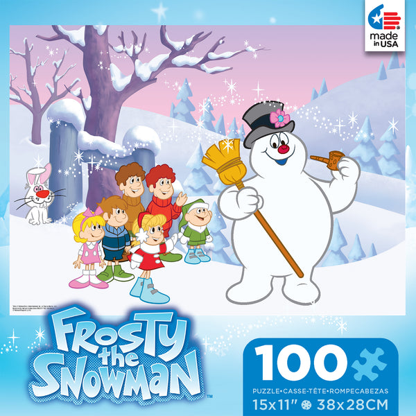 Based on the beloved cartoon, this 100 piece puzzle features Frosty the Snowman, in his magic hat smoking a pipe and holding a broom, leading his friends through a winter wonderland. Hocus the rabbit is popping out of the snow behind them. The puzzles dimensions are 15 x 11. Count on Ceaco for the most Creative, Exciting, and Colorful puzzles since 1987.